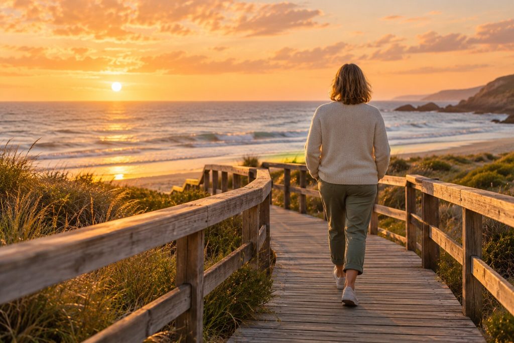 Person walking along a wooden beach boardwalk at sunset, representing gradual recovery after stem cell therapy