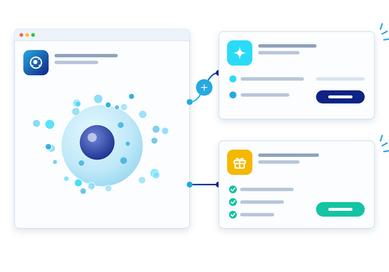 Pricing page illustration: exosomes Illustration of a stem cell surrounded by exosomes, with the exosome add-on and returning patient bonus